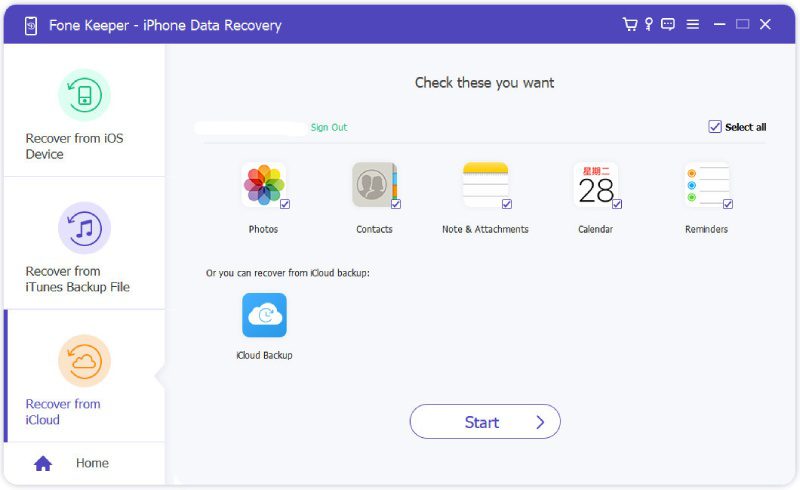 recover from icloud select data type