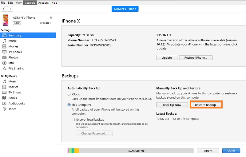 restore backup on itunes