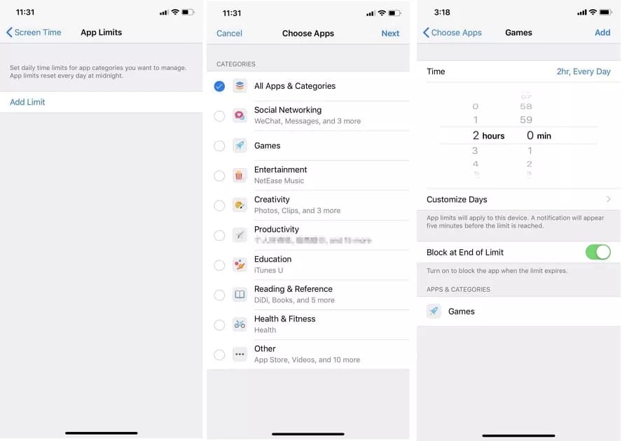 go to settings, screen time, app limits, then toggle on block at end of limit