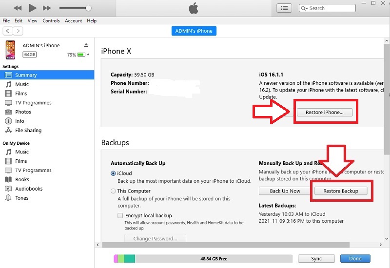 restore iphone via itunes