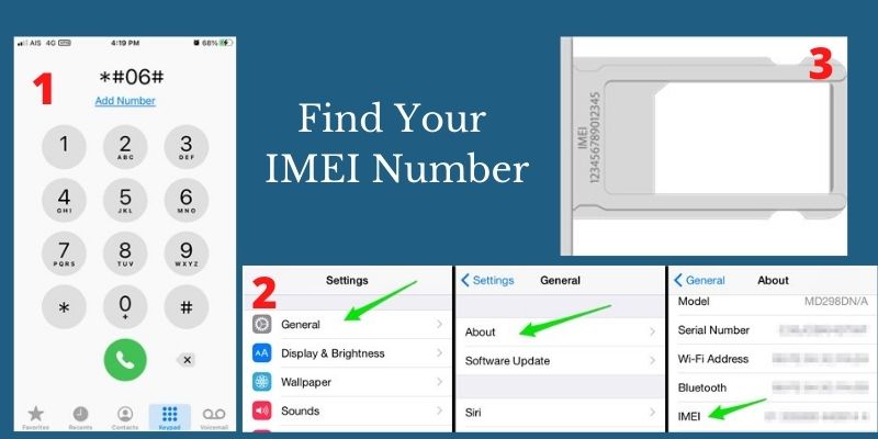 call *#06#, find imei in settings, or pop out the sim card tray