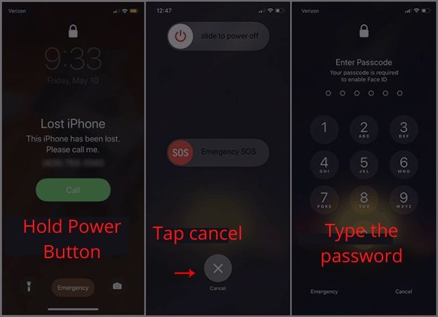 hold the power button, tap cancel, then type the password