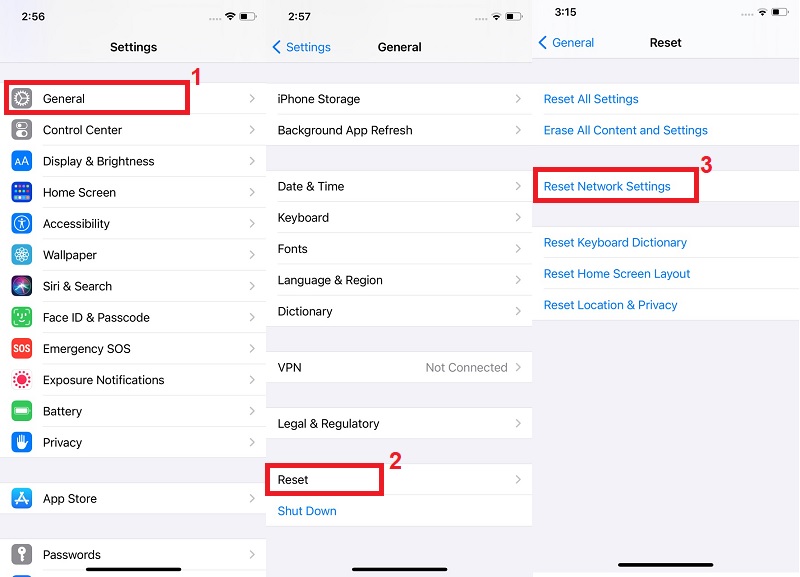 tap settings, general, and tap reset network settings